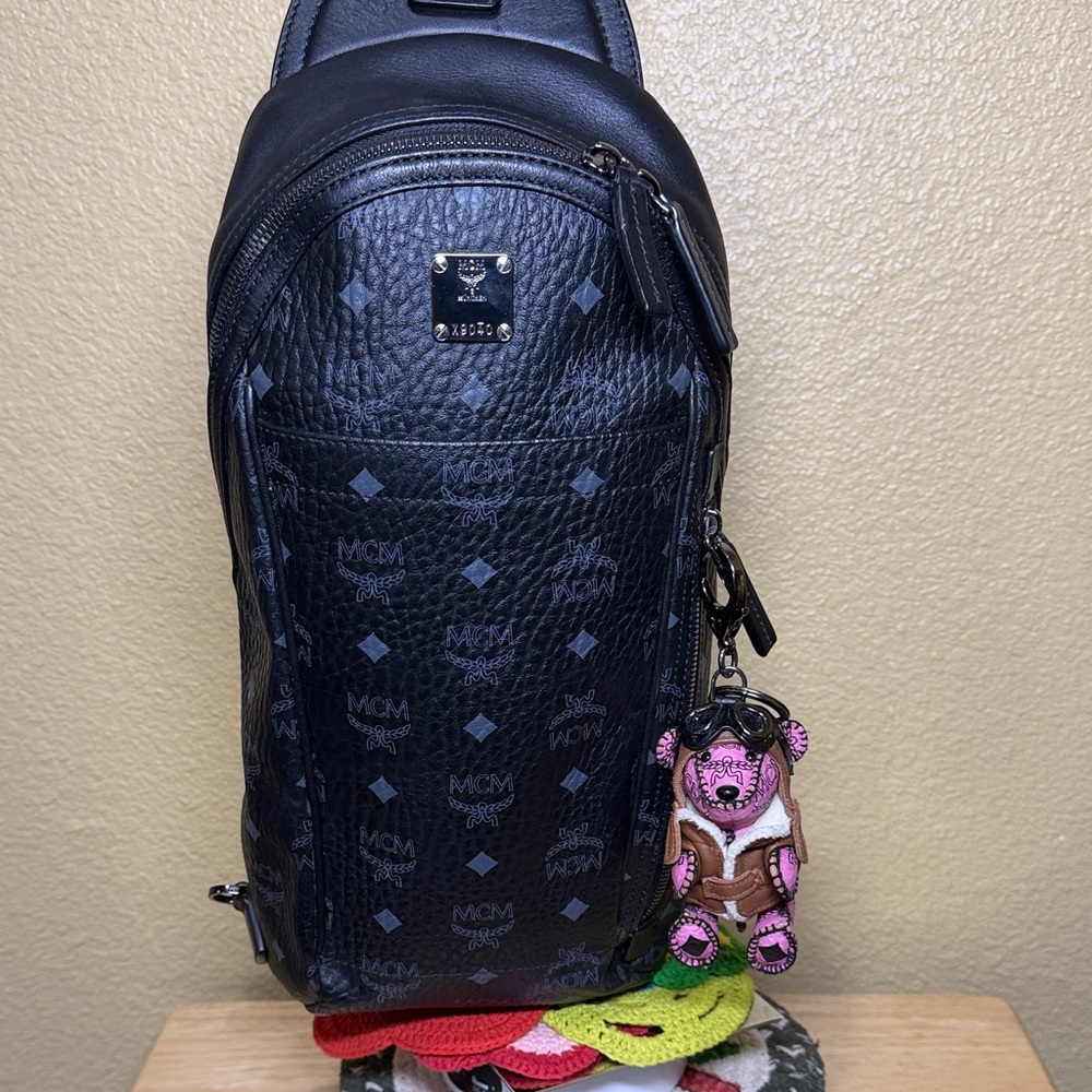 MCM Black Leather Sling Bag with MCM Bear Charm